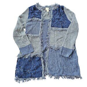 Chicos Women's Cardigan Sweater Patchwork Fringed Edges size Chico's 1